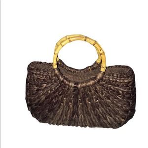 Woven Round Bamboo Handle brown Handbag.